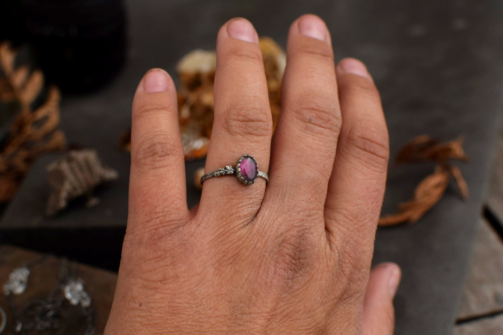 Magenta Tourmaline Fern Ring