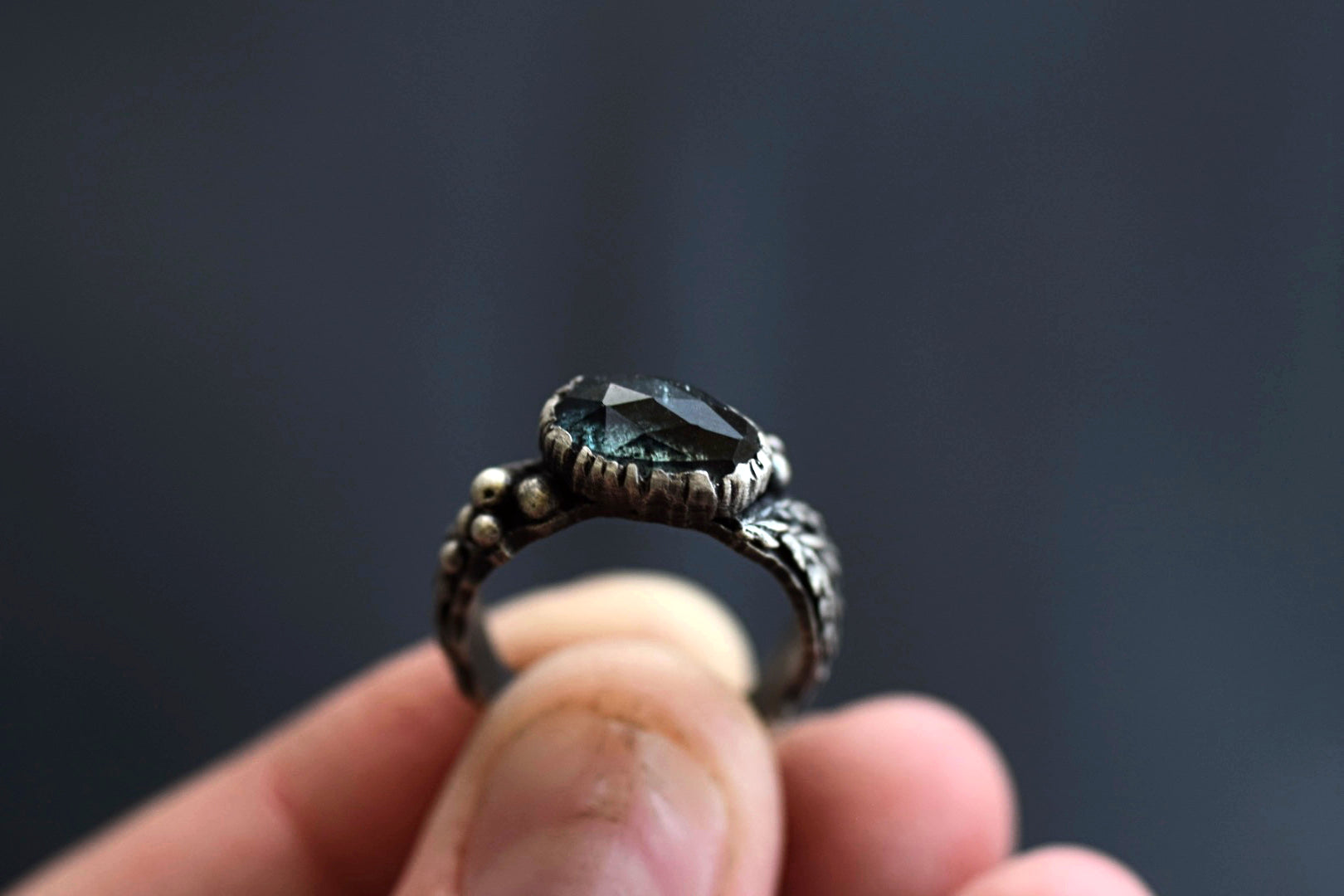 Dark Moss Aquamarine Fern Ring - Size 5.5